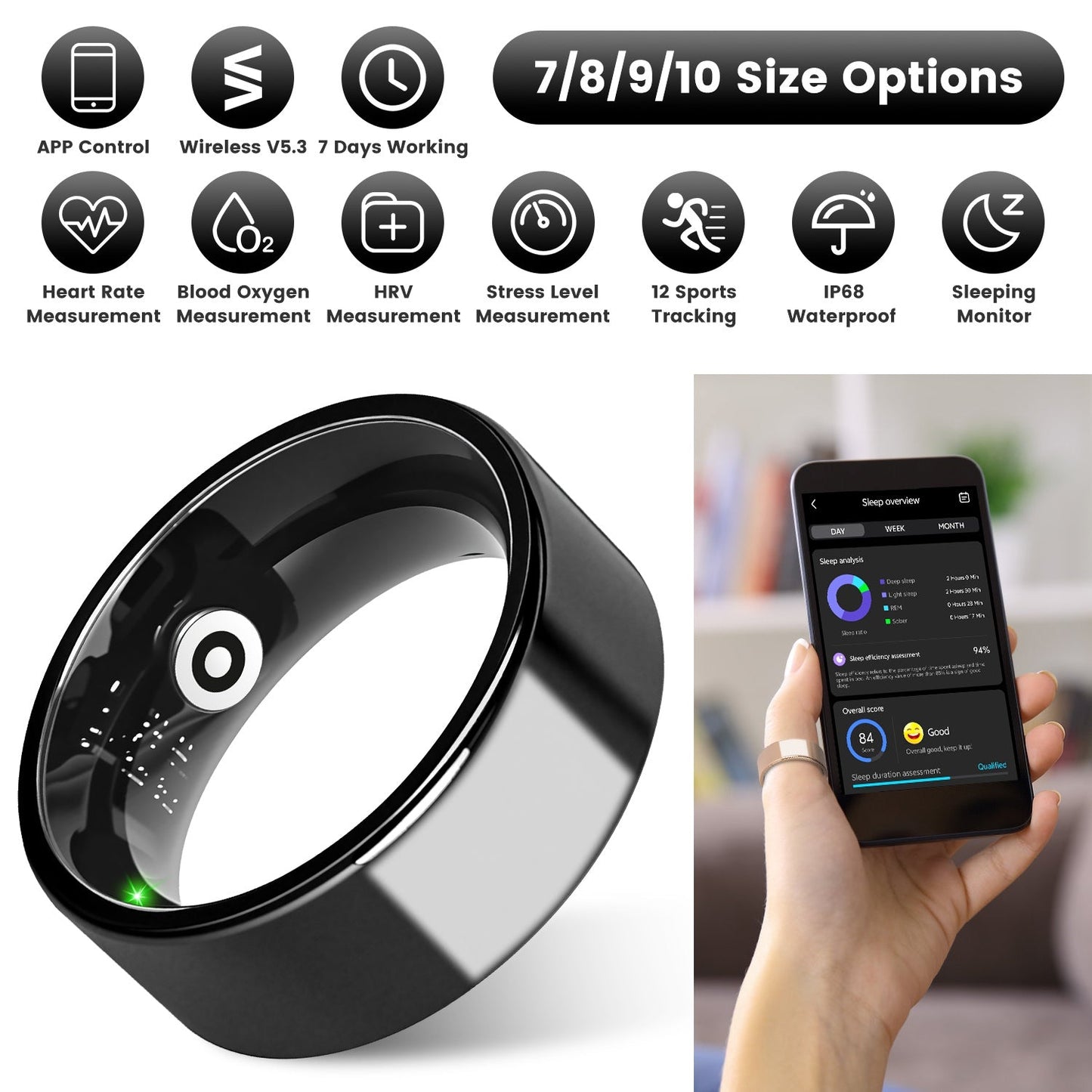 Smart Ring Health Tracker Fitness/Sleep/Stress/HRV Tracker with Charging Case Magnetic Charging Cable for Women's & Men Compatible with iOS & Android 7-