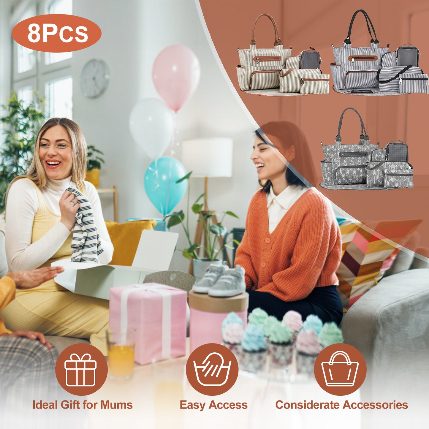 Diaper Bag Set 8-Piece with Changing Pad and Stroller Straps