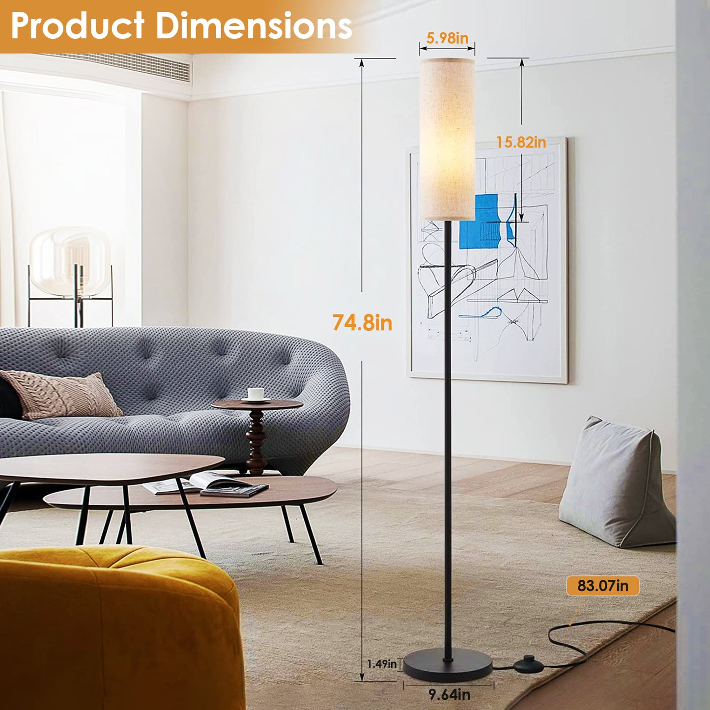 74.8" Floor Lamp with Fabric Shade - Warm Yellow Light