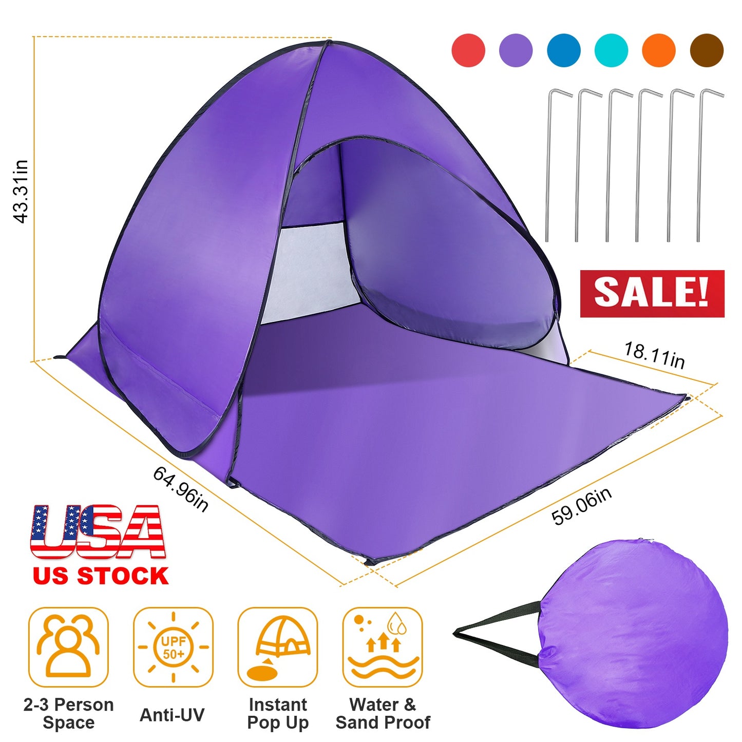Pop Up Beach Tent with UPF50+ Sun Protection for 2-3 People