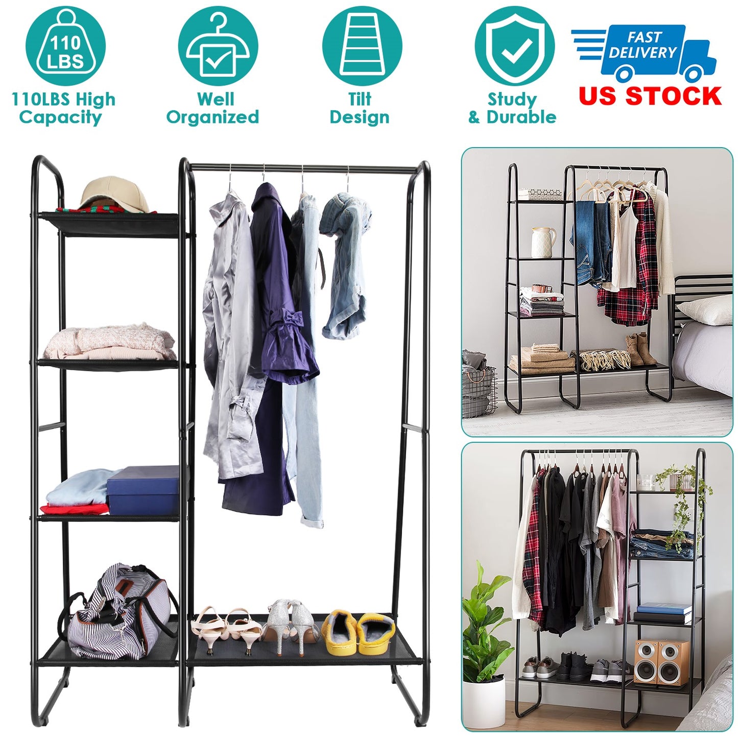 Metal Garment Rack with 5 Shelves and Hanging Rod