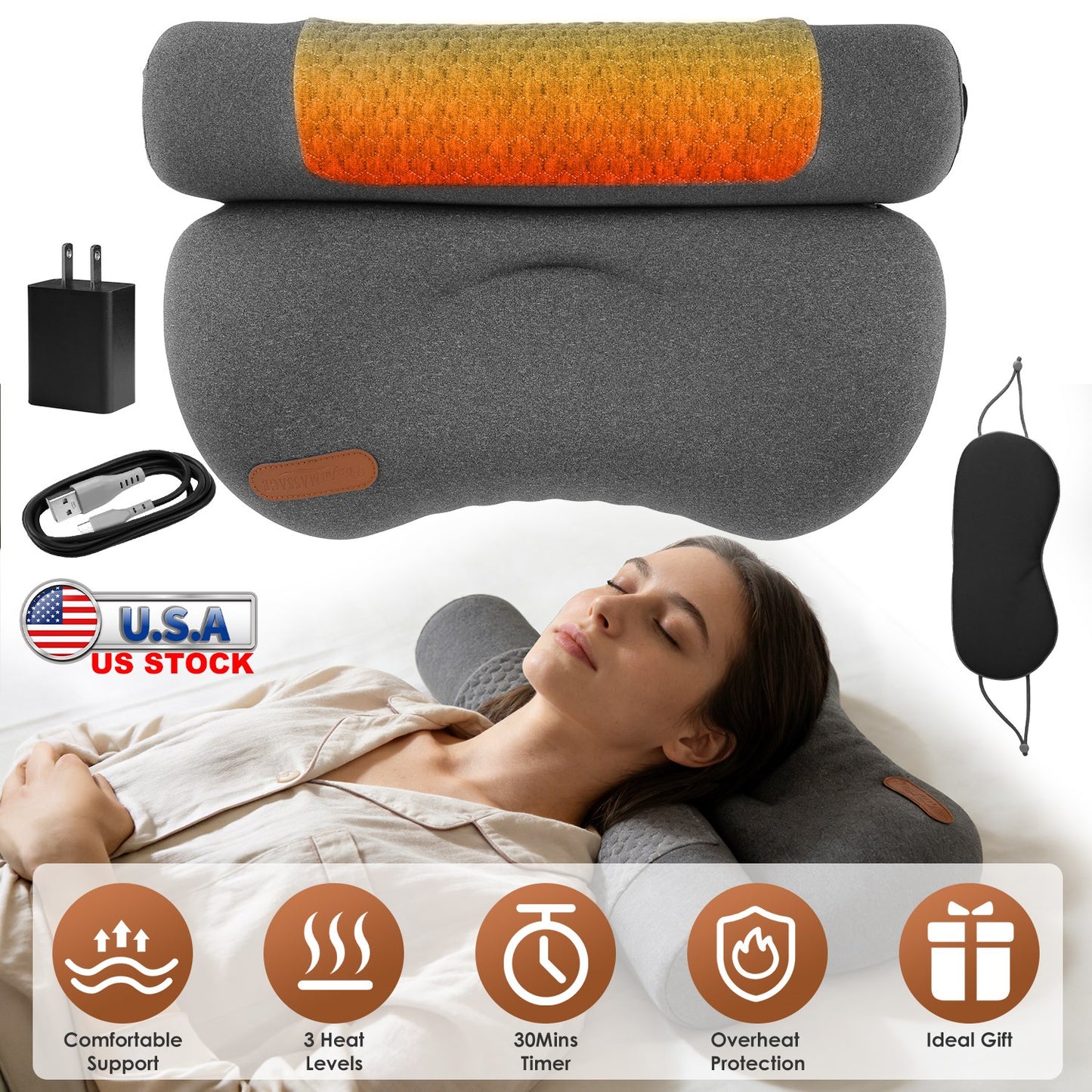 Heated Memory Foam Neck Pillow with 3-Level Heat Therapy