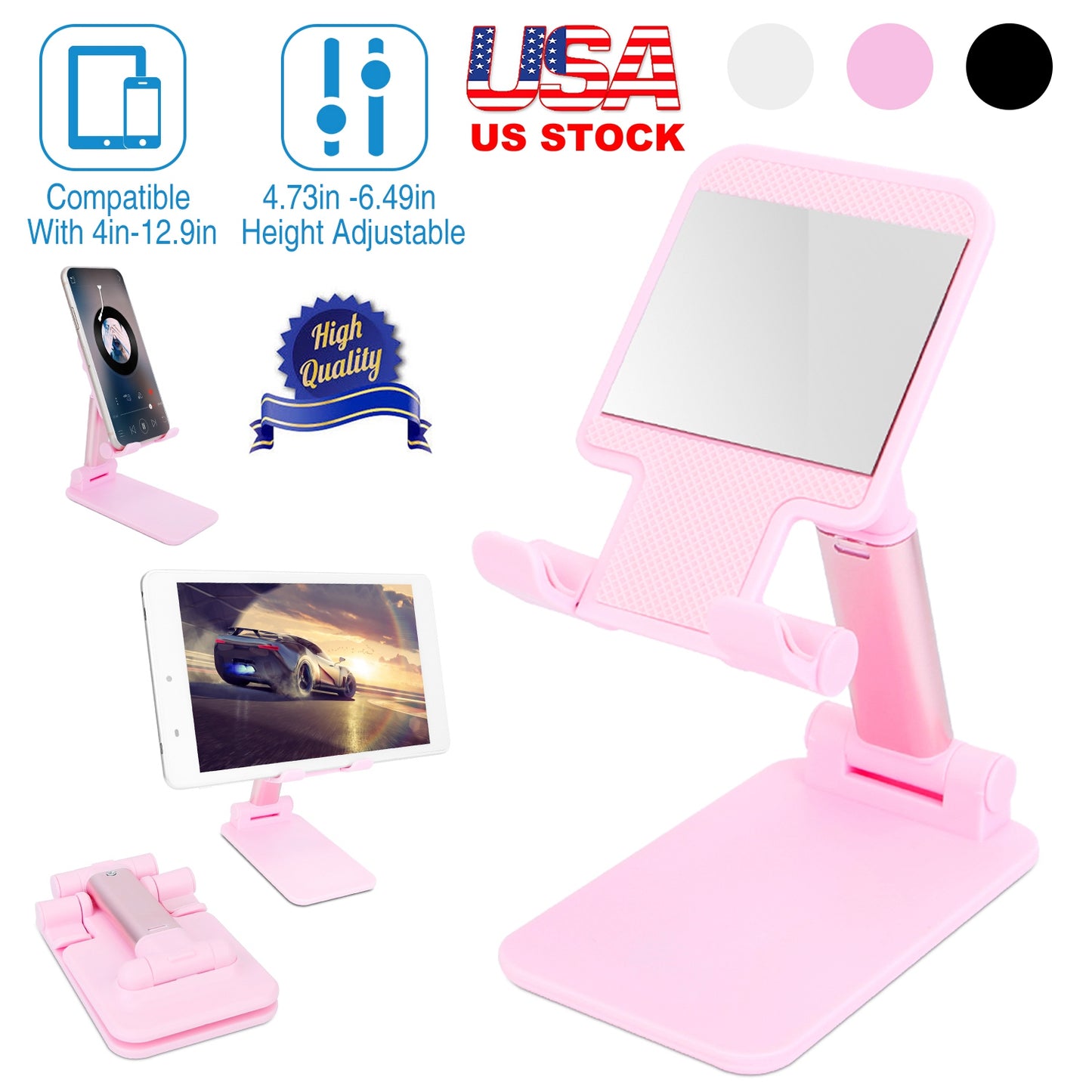 Adjustable Phone Stand for Desk with Mirror - 4-12.9 Inch