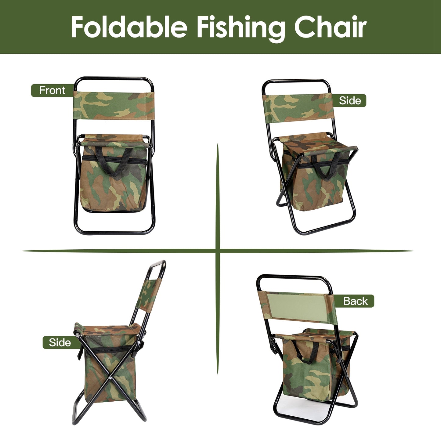 Foldable Fishing Chair with Built-In Cooler Bag and Backrest