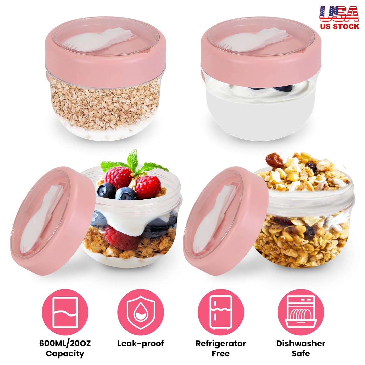 Overnight Oats Containers with Lids and Spoons, 20oz, 4-Pack
