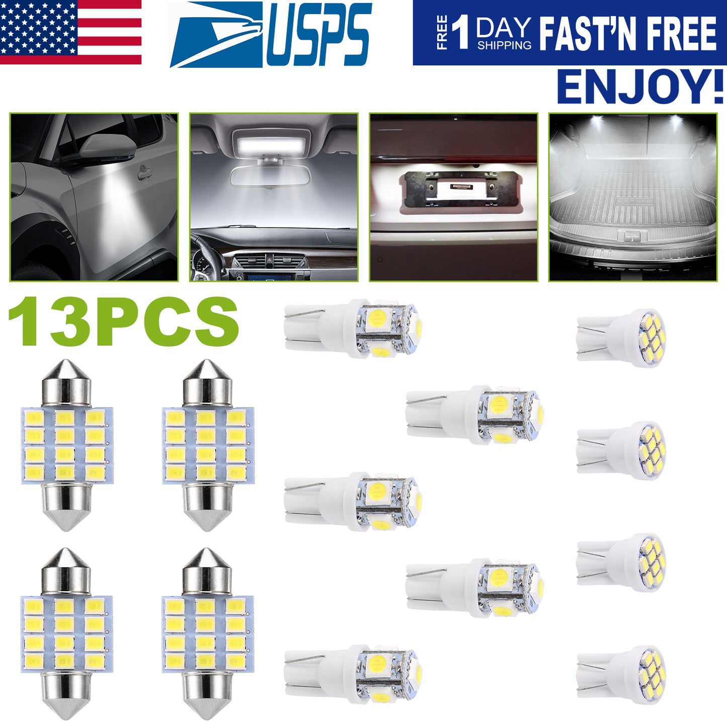 LED Interior Light Kit for Cars - 13 Piece T10 & 31mm Bulb Set