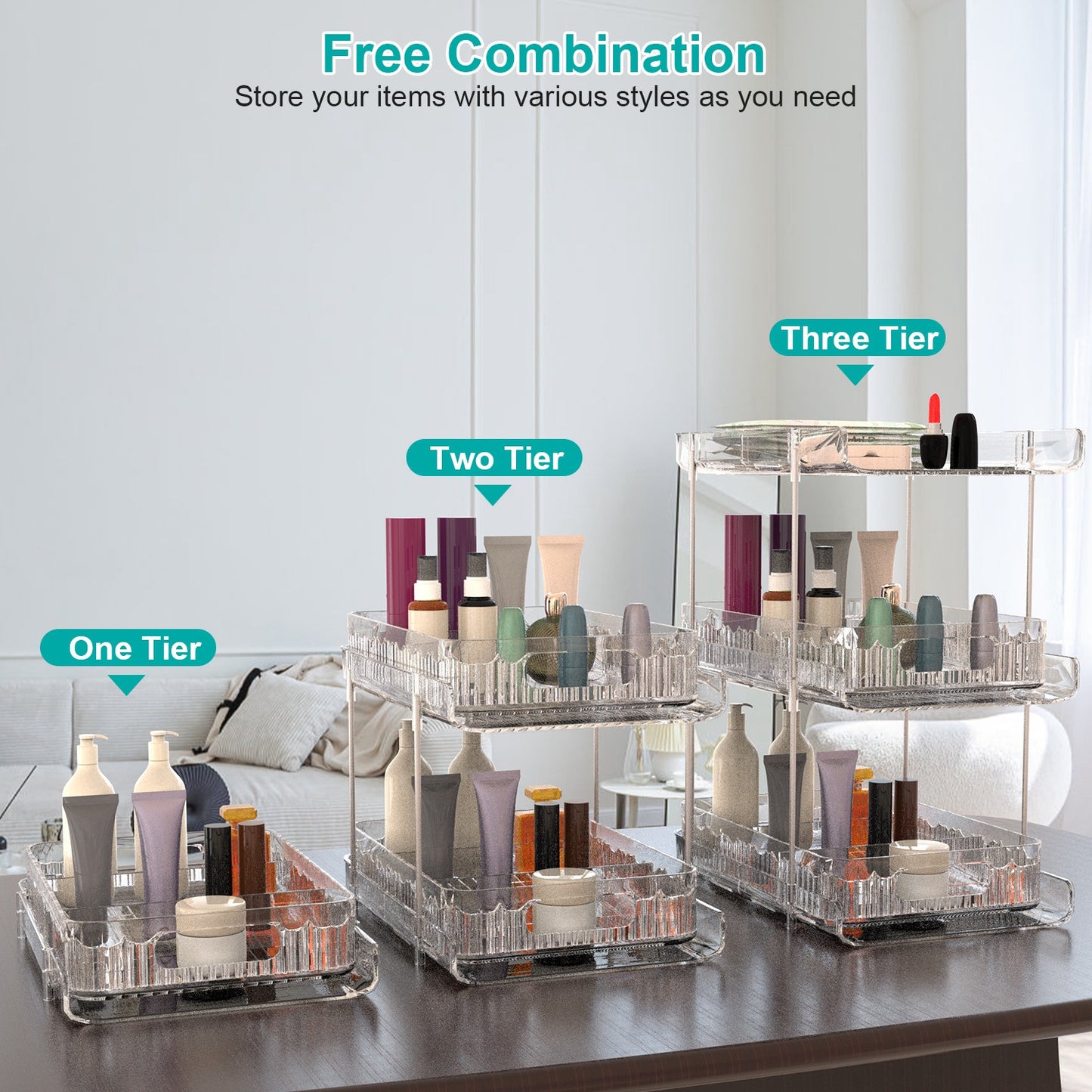 3-Tier Clear Bathroom Organizer with Drawers (2-Pack)