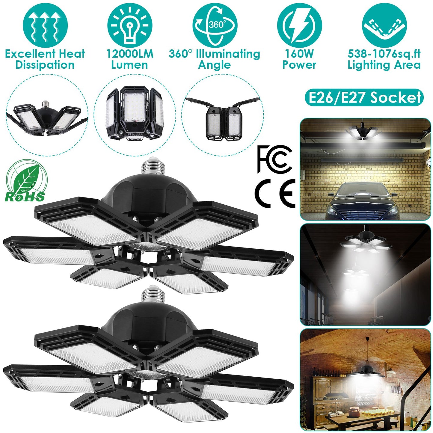 LED Garage Light 160W Deformable 6-Blade Ceiling Light