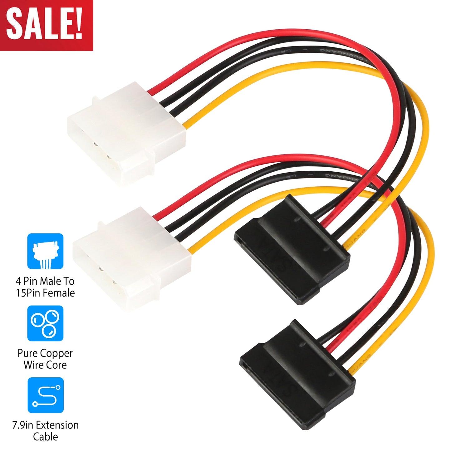 4-Pin to 15-Pin SATA Power Adapter Cable - 2 Pack