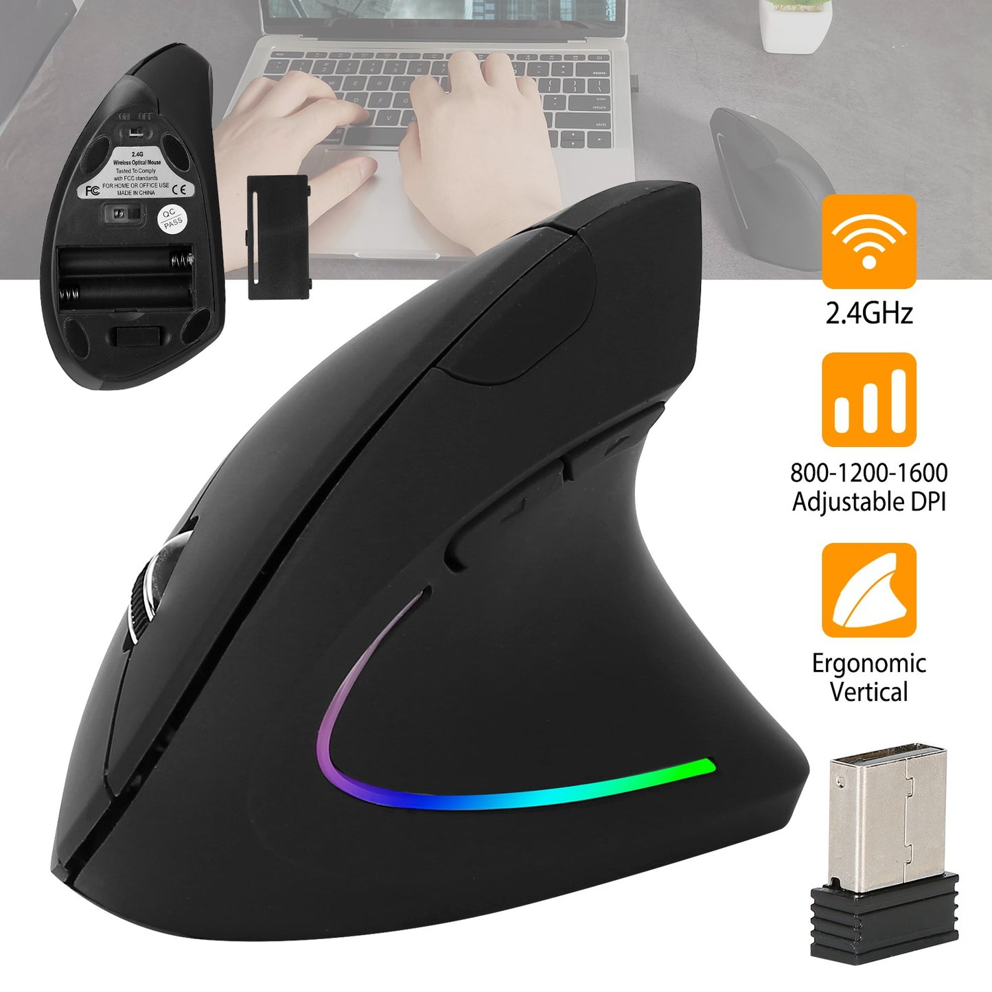 Wireless Vertical Mouse with Ergonomic Design & 6 Buttons