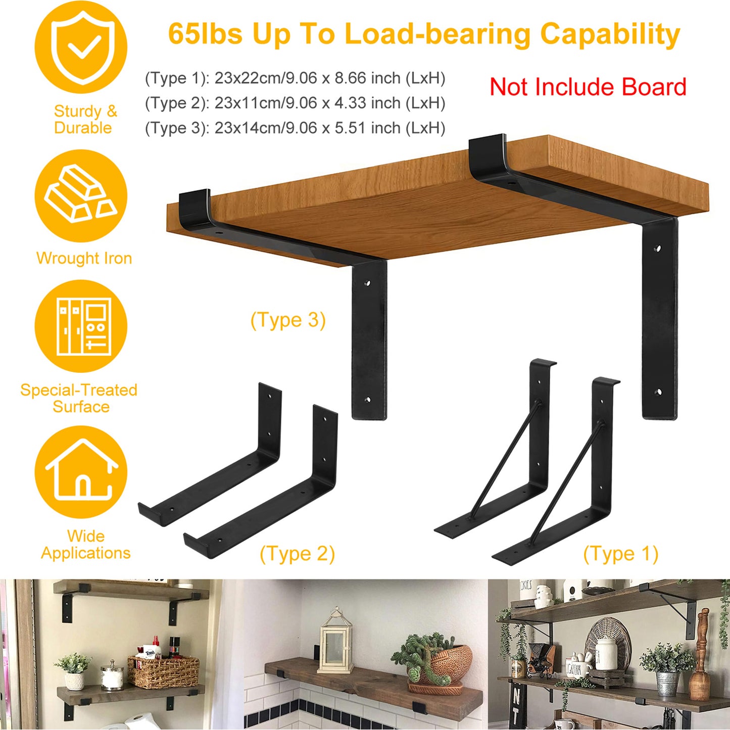Heavy Duty Wall Mounted Shelf Brackets - 2 Pack Black Metal
