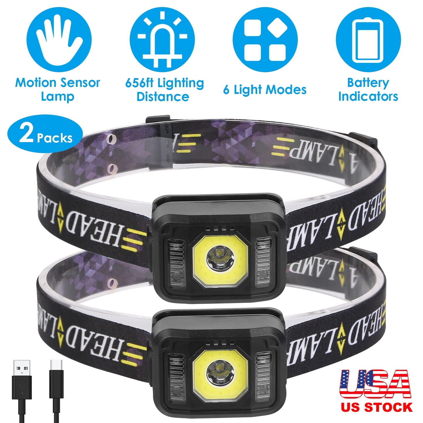 Rechargeable Motion Sensor Headlamp with 6 Light Modes - 2 Pack