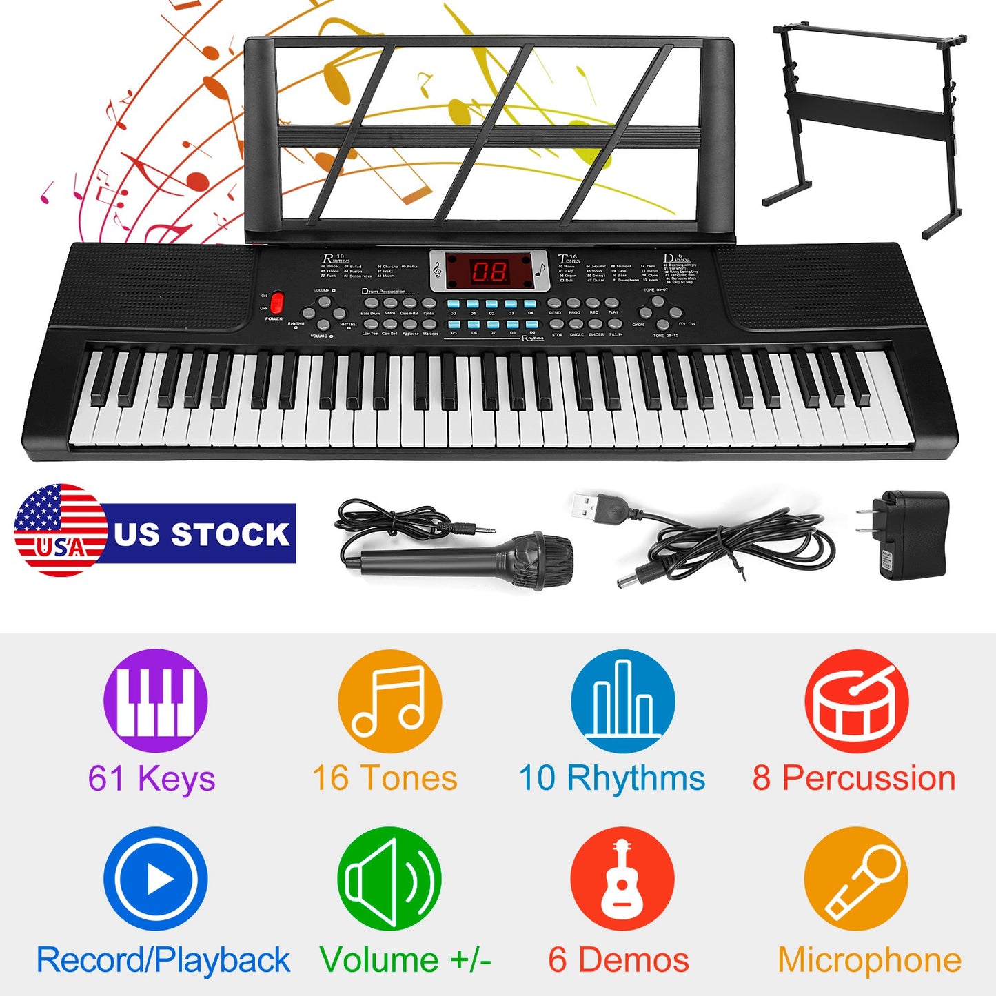 61-Key Digital Keyboard with Stand & Microphone for Kids