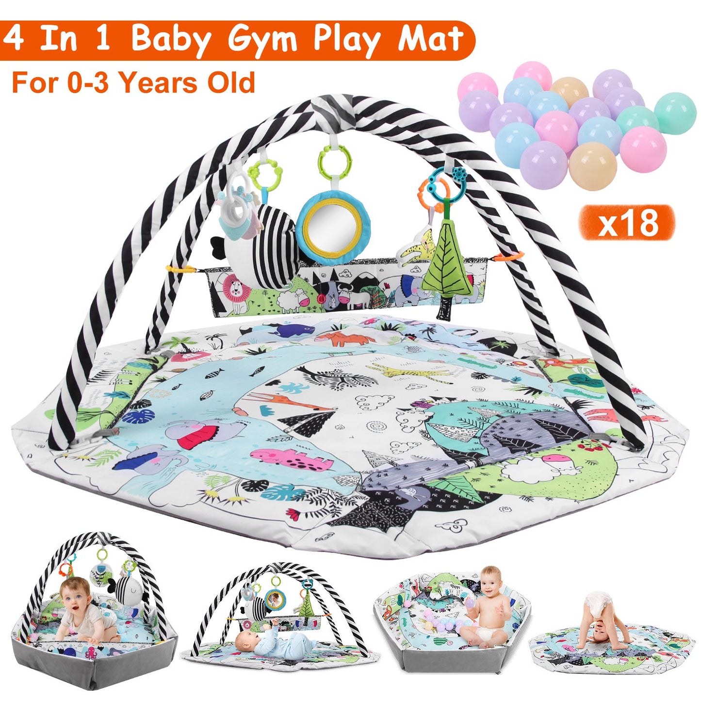Baby Gym Play Mat 4-in-1 Activity Center with Ball Pit