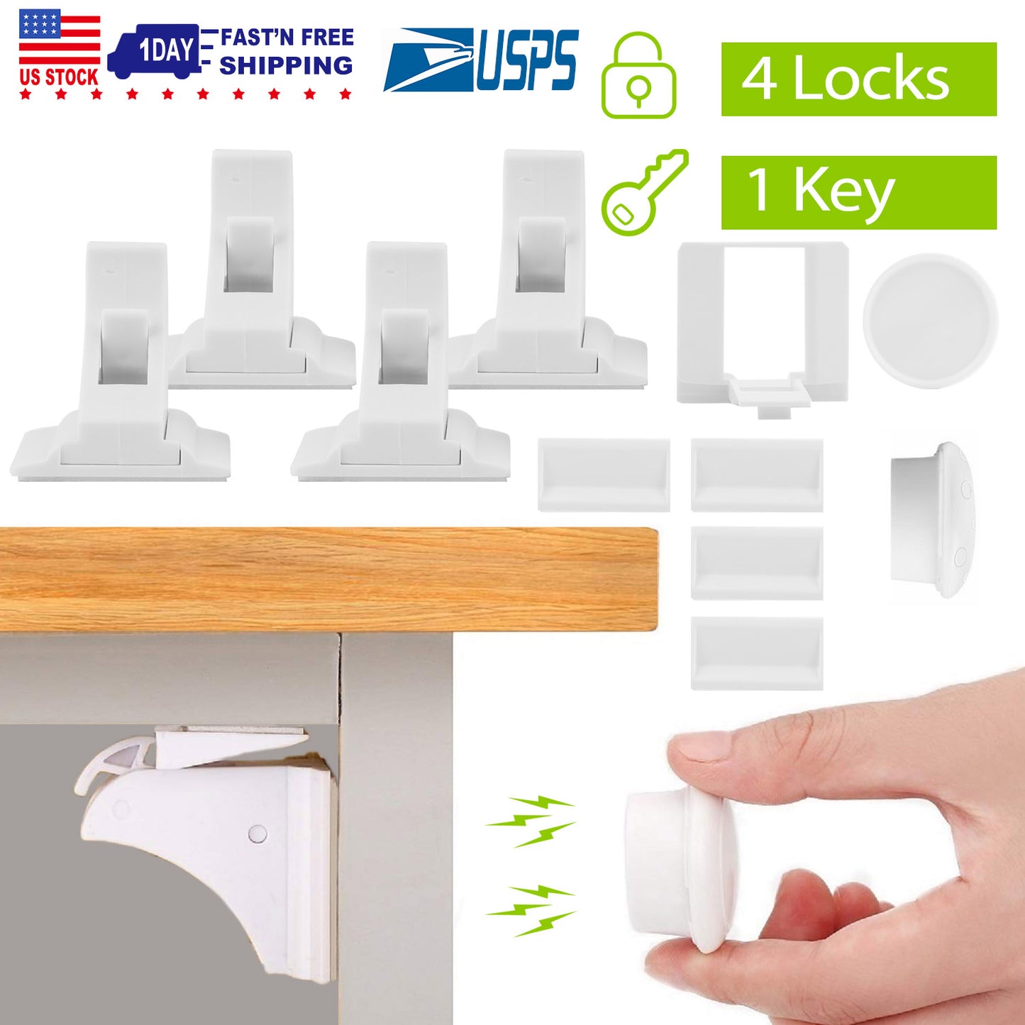 Magnetic Cabinet Locks 4-Pack with Adhesive Installation
