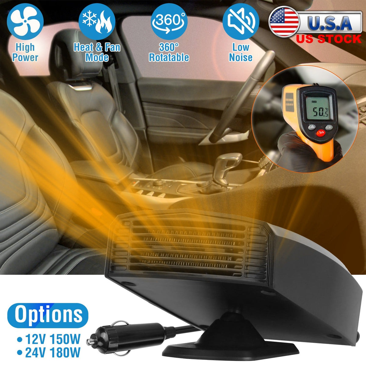 12V 150W Portable Car Heater Heating Fan 2 in 1 Defroster Defogger Demister Windshield Heater Automotive Cooling Fan with 360¡Rotating Base
