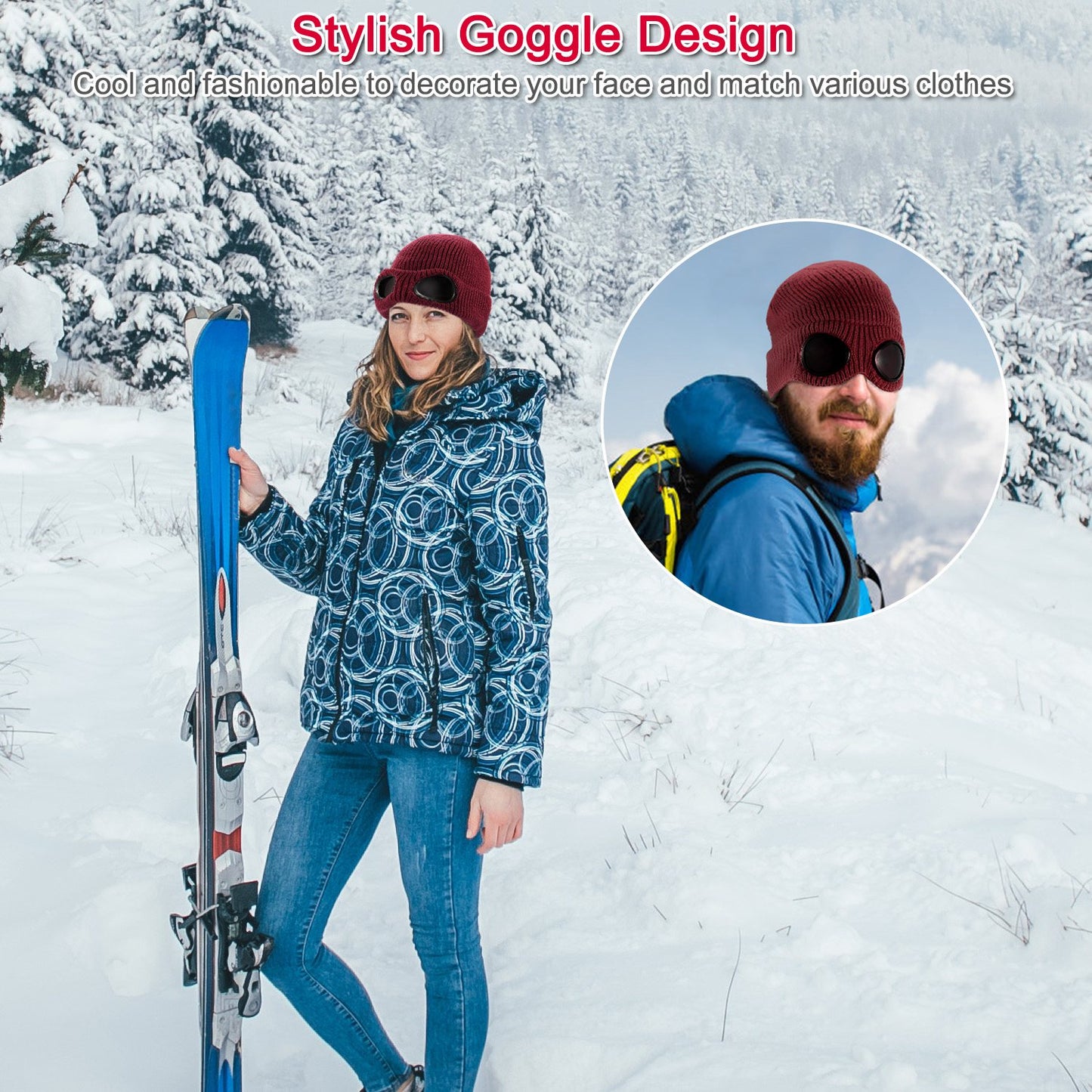 Knit Beanie Hat with Goggle - Warm Winter Skull Cap
