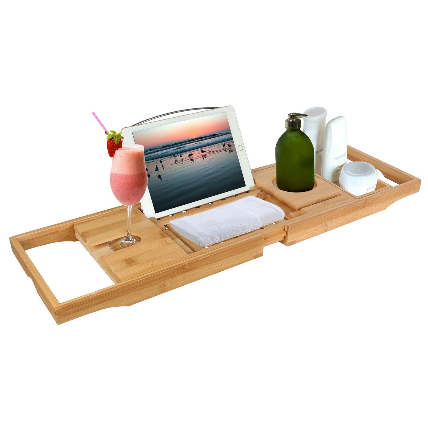 Bamboo Bathtub Caddy Tray with Extendable Arms & Wine Holder