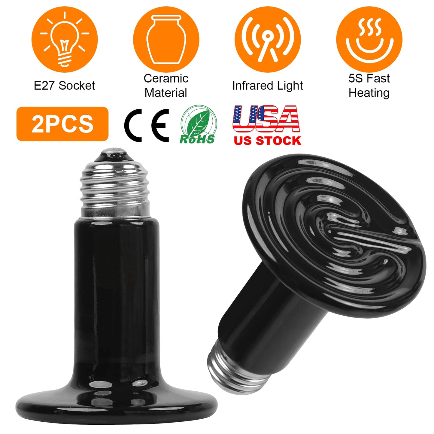 Ceramic Heat Lamp 150W Infrared Reptile Heater - 2 Pack