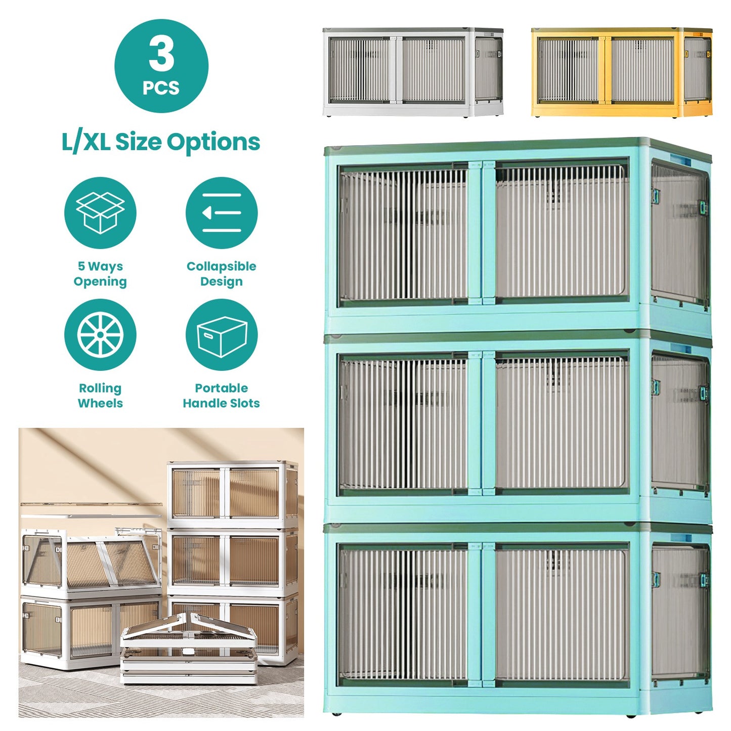 Foldable Storage Bins with Lids & Wheels - 3 Pack Stackable