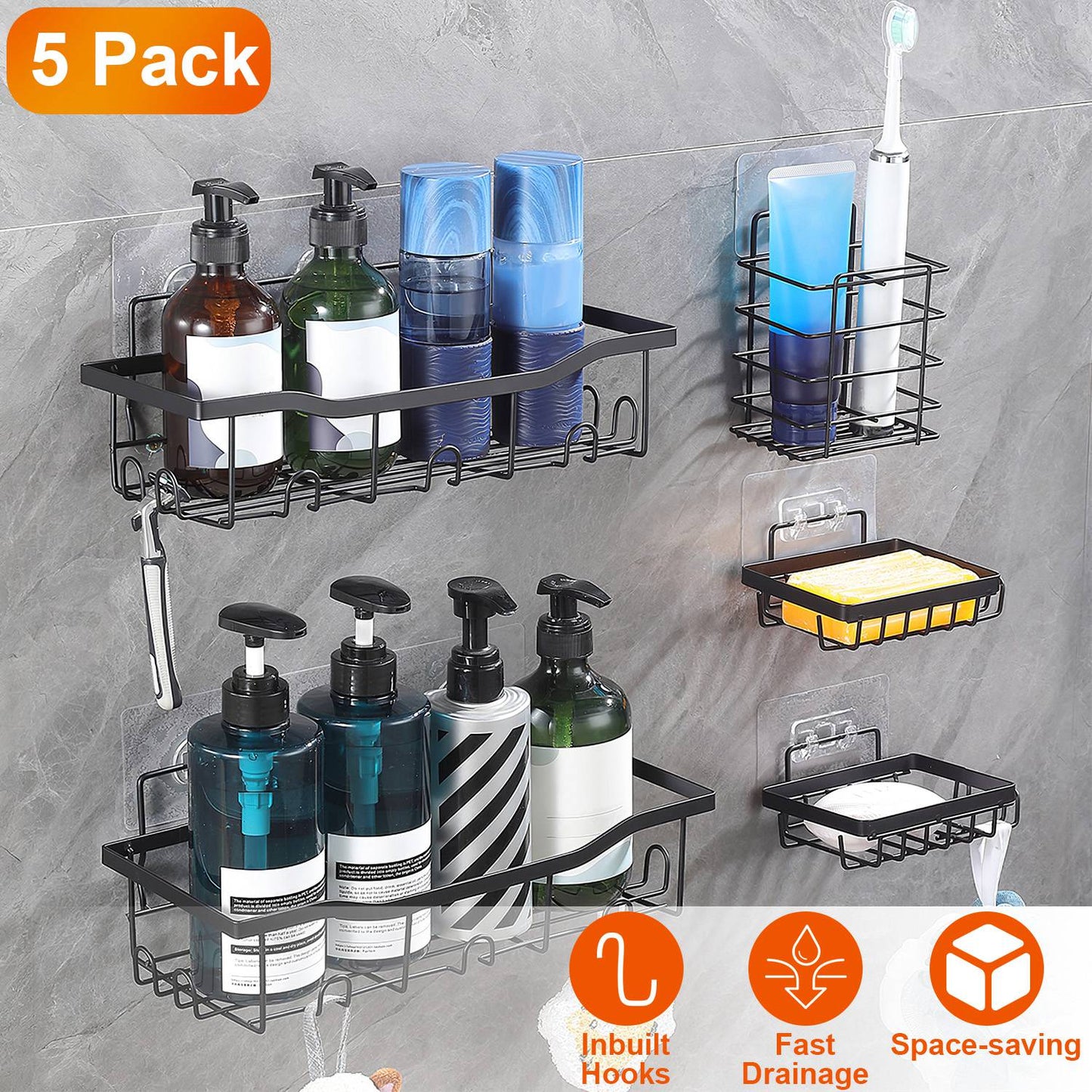 Shower Caddy 5-Piece Set with 18 Hooks - Adhesive Wall Mount