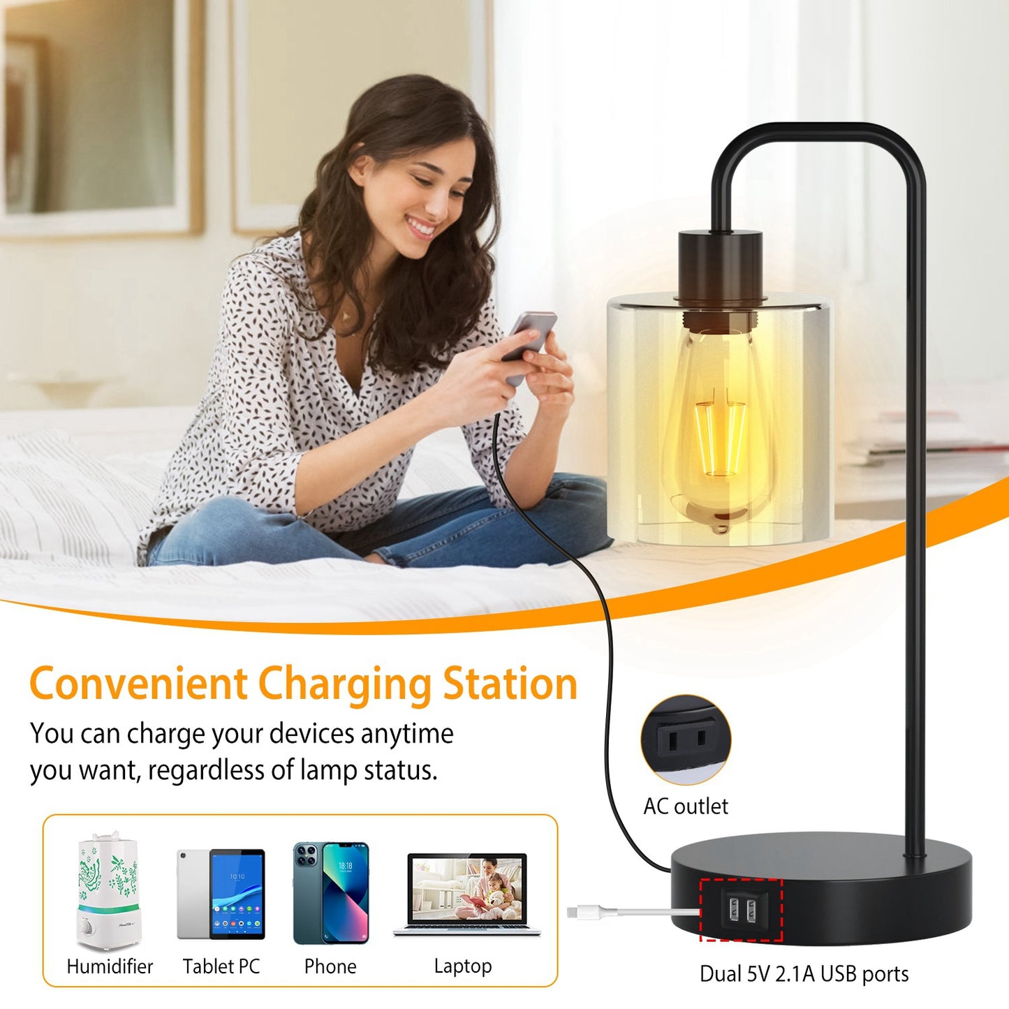Touch Control Table Lamp with USB Ports & Dimmable Light