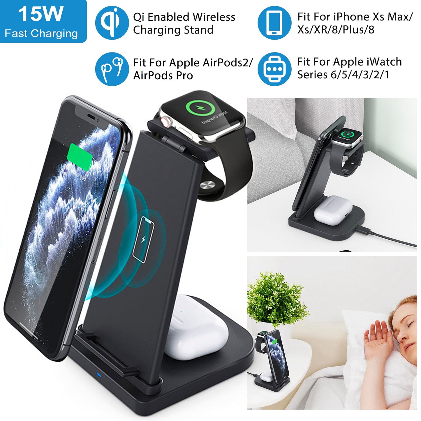 3-in-1 Wireless Charging Station 15W Fast Charge Dock