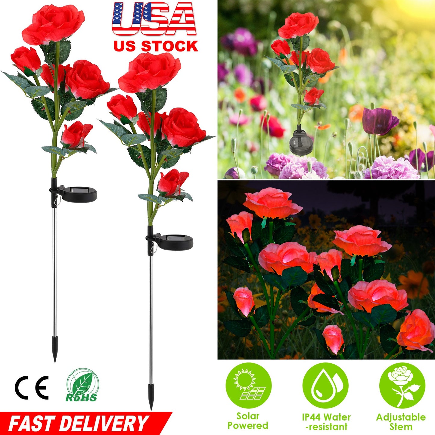 Solar Rose Flower Stake Lights - 2 Pack Outdoor Garden Decor