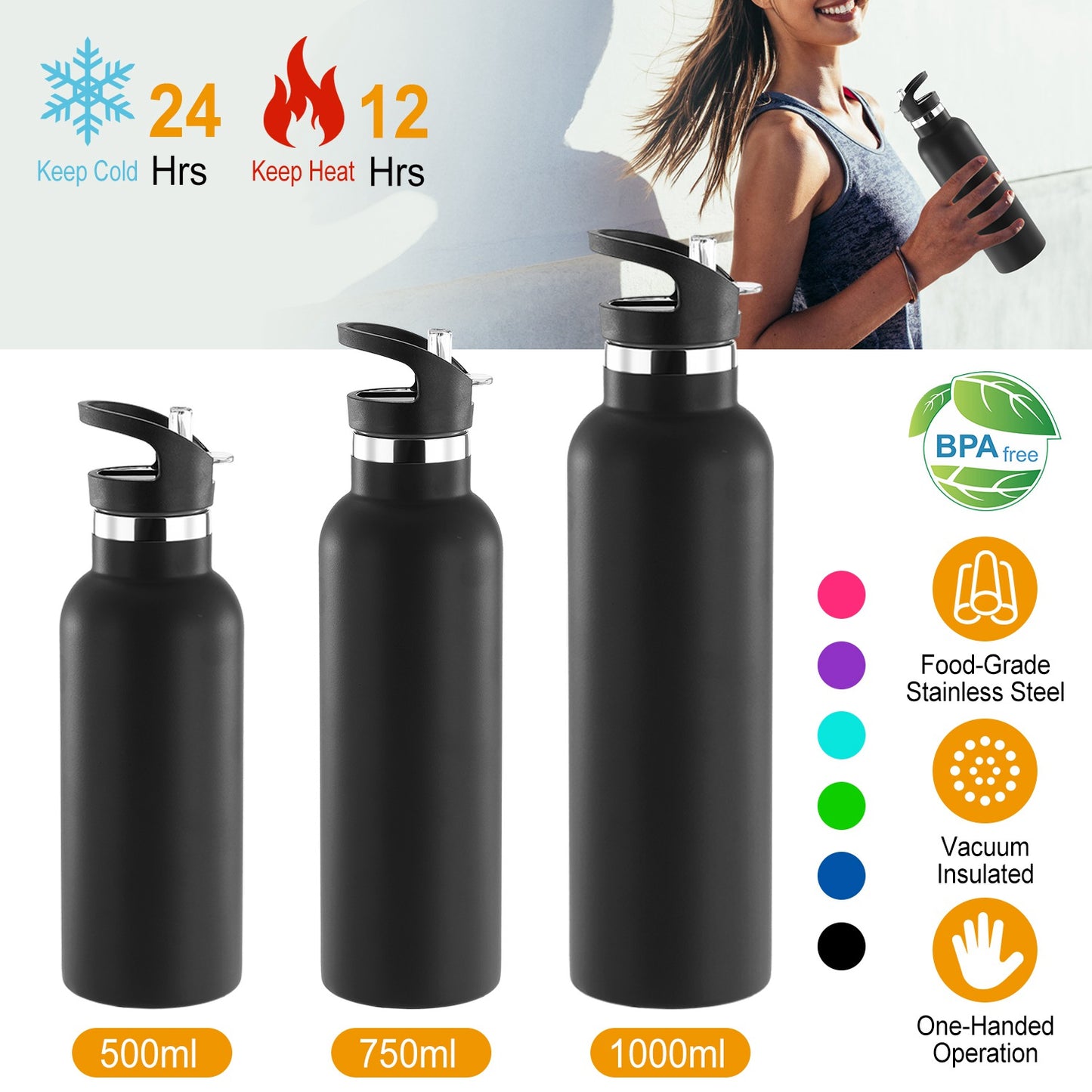 Insulated Stainless Steel Water Bottle with Dual Lids & Straws