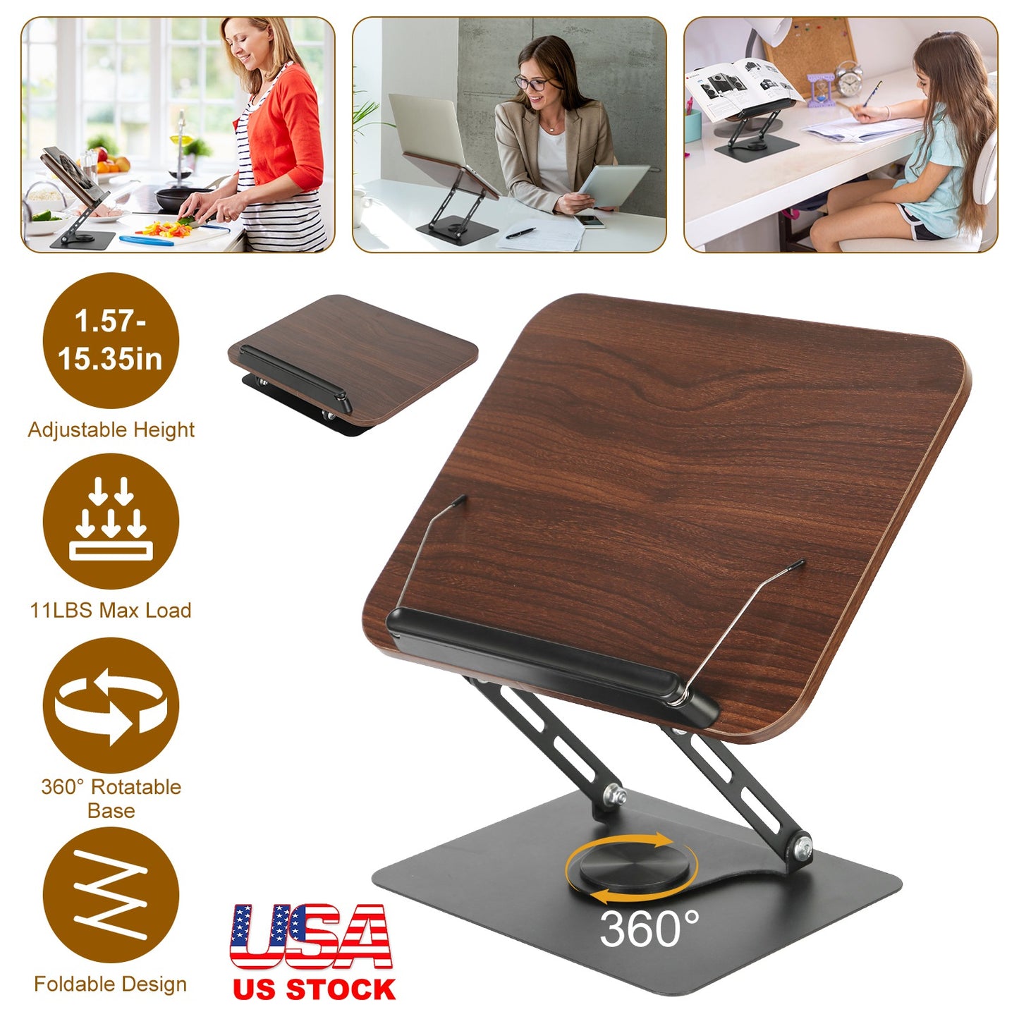 Adjustable Book Stand with 360° Rotatable Base & Paper Clips