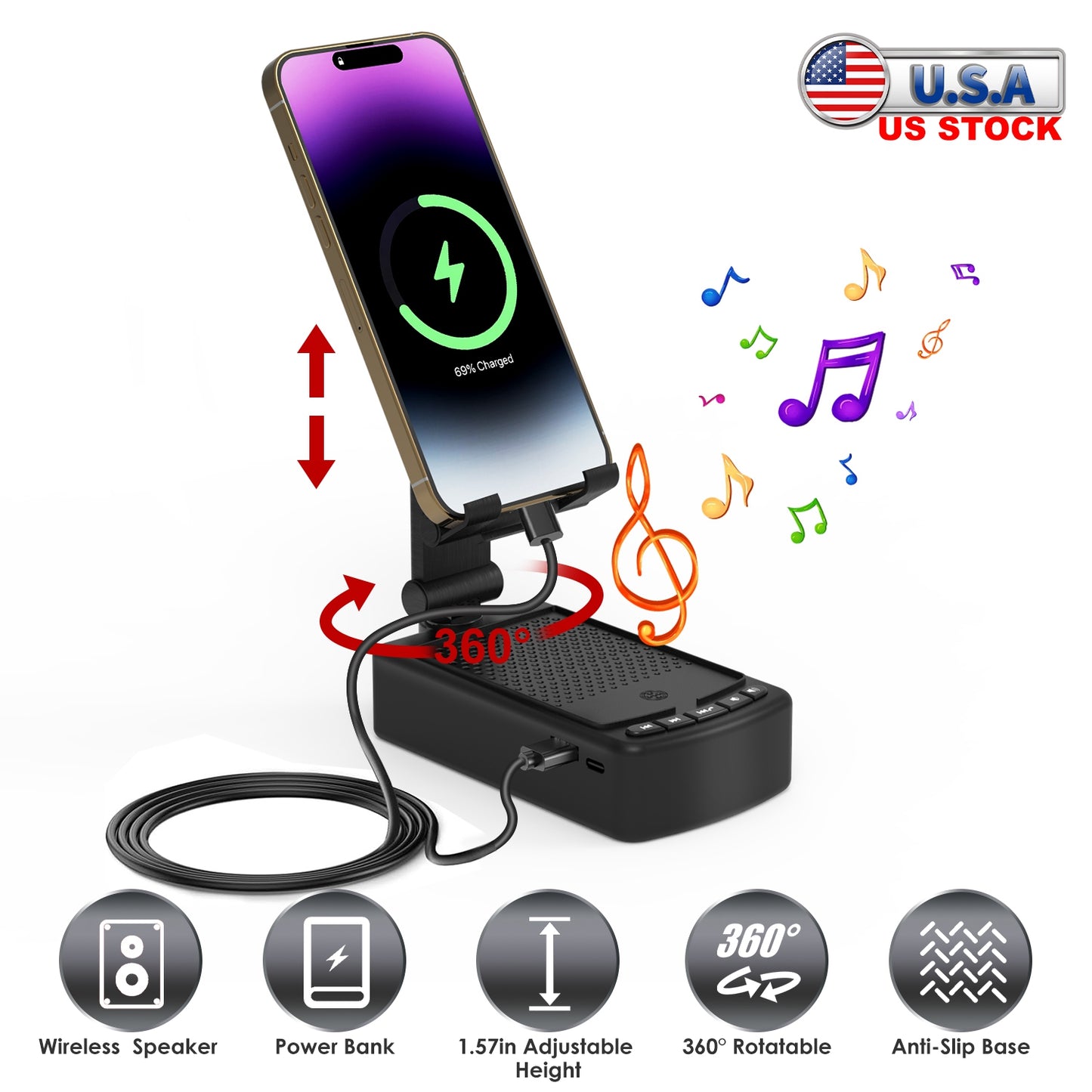 3-in-1 Phone Stand with Wireless Speaker & Power Bank