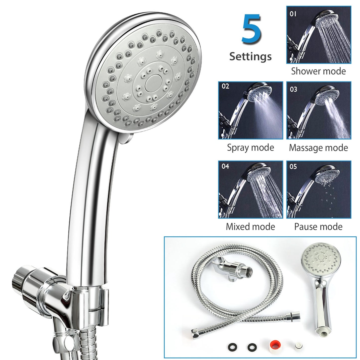 Handheld Shower Head with 5 Spray Settings & Steel Hose