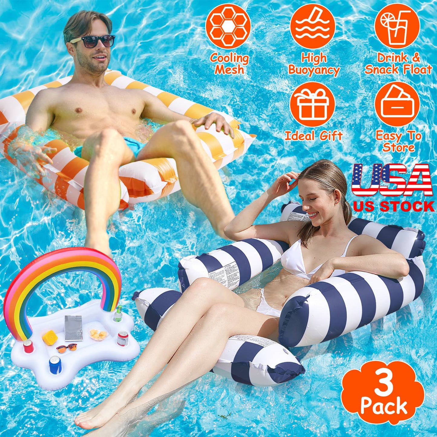 Inflatable Pool Float Set - 2 Hammocks & Drink Holder