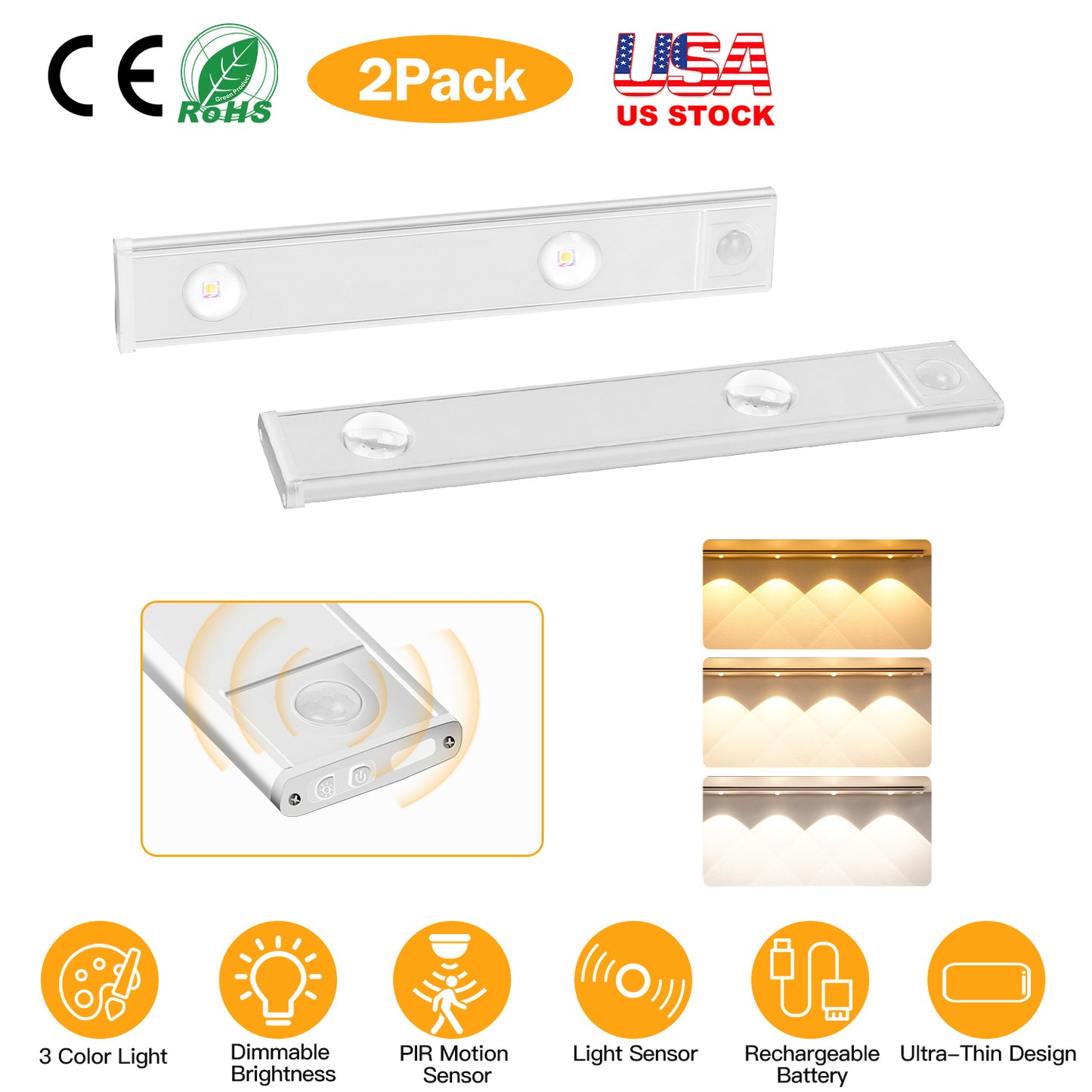 Rechargeable Motion Sensor Cabinet Light 2-Pack with 3 Colors