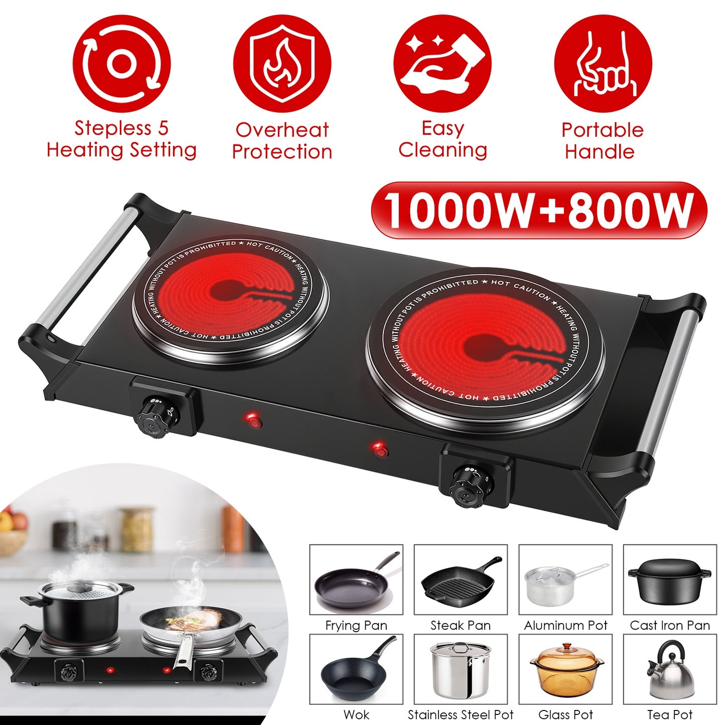 Electric Double Burner Hot Plate with Adjustable Temperature