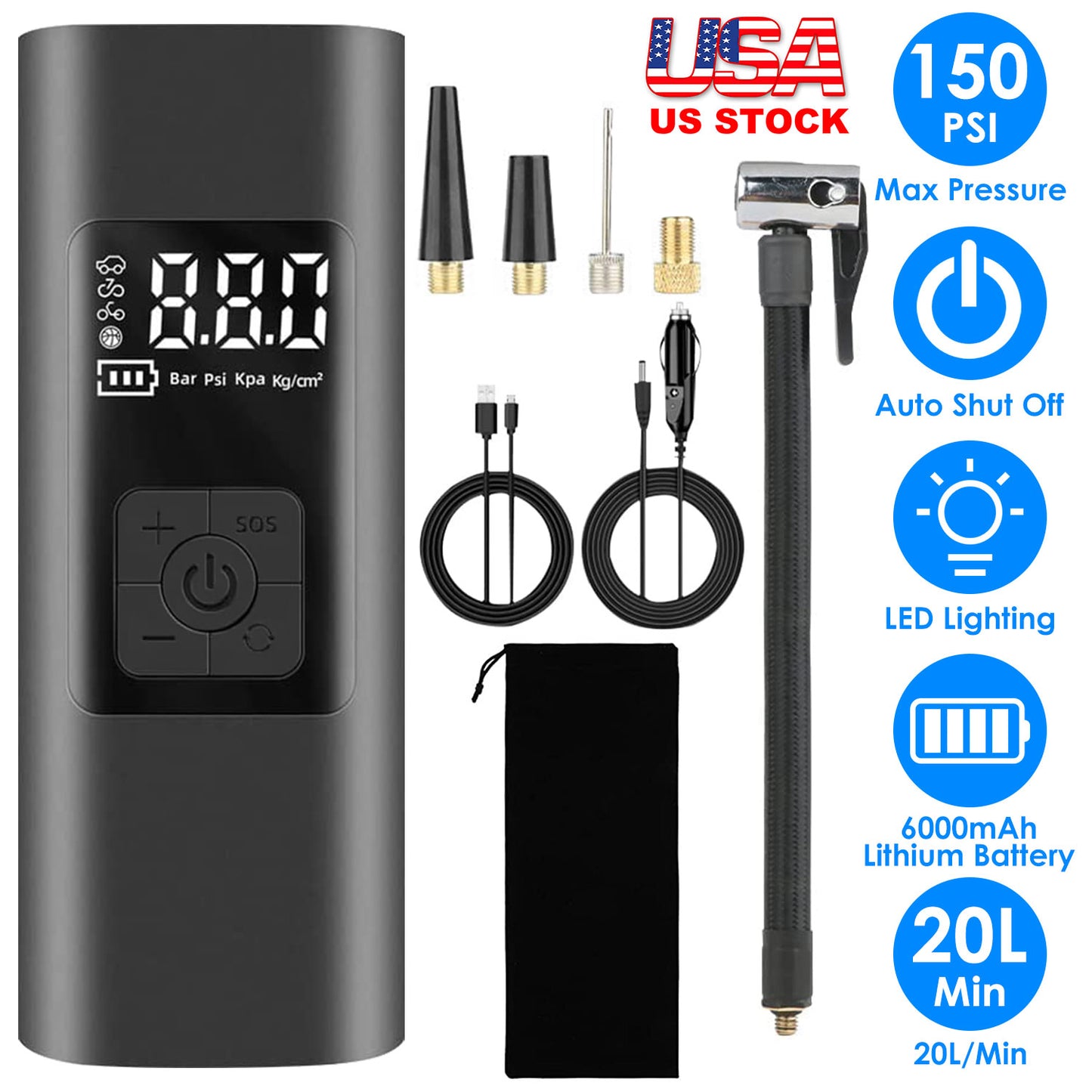 Cordless Tire Inflator 150PSI with 6000mAh Battery