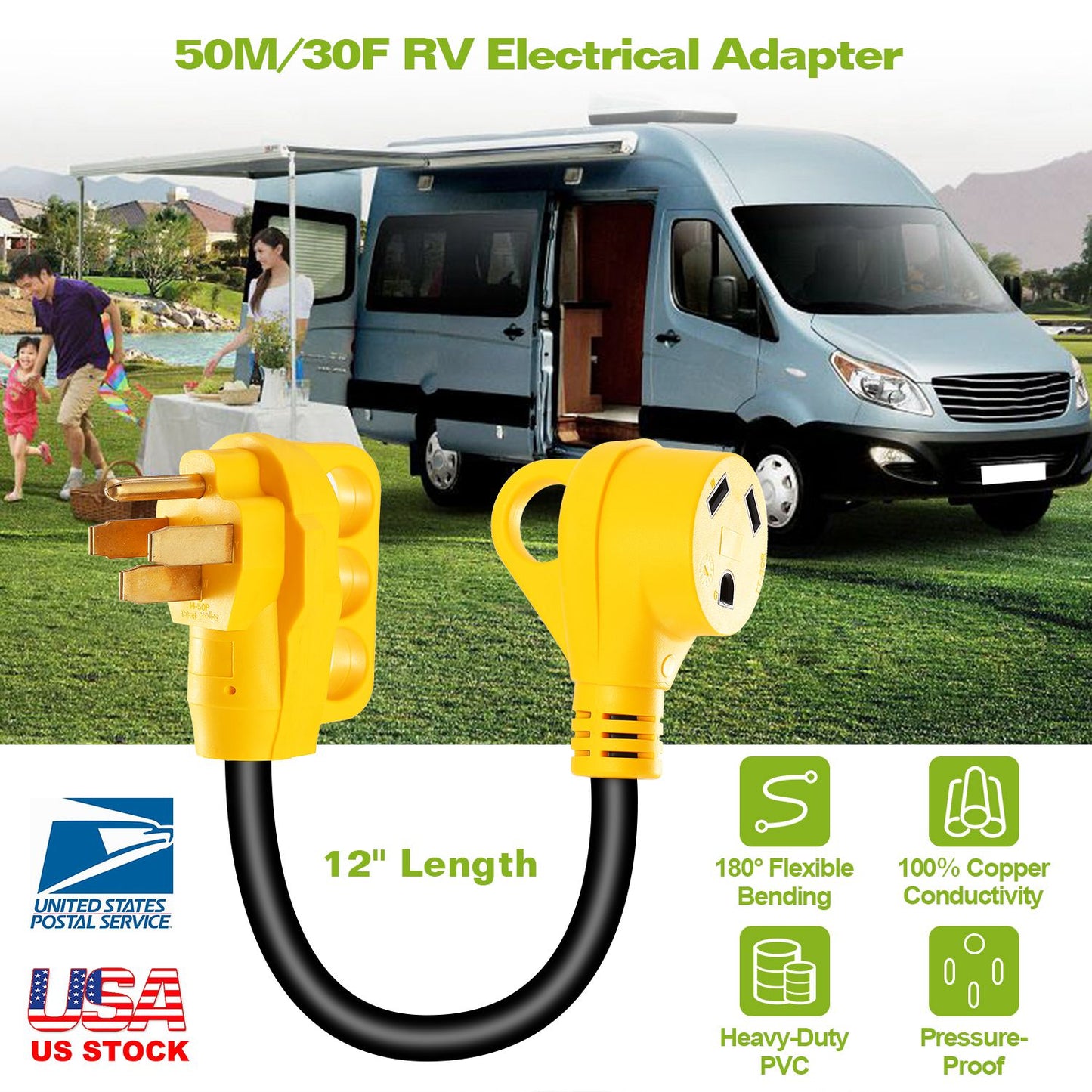 RV Electrical Adapter 50 Amp Male to 30 Amp Female 12 Inch