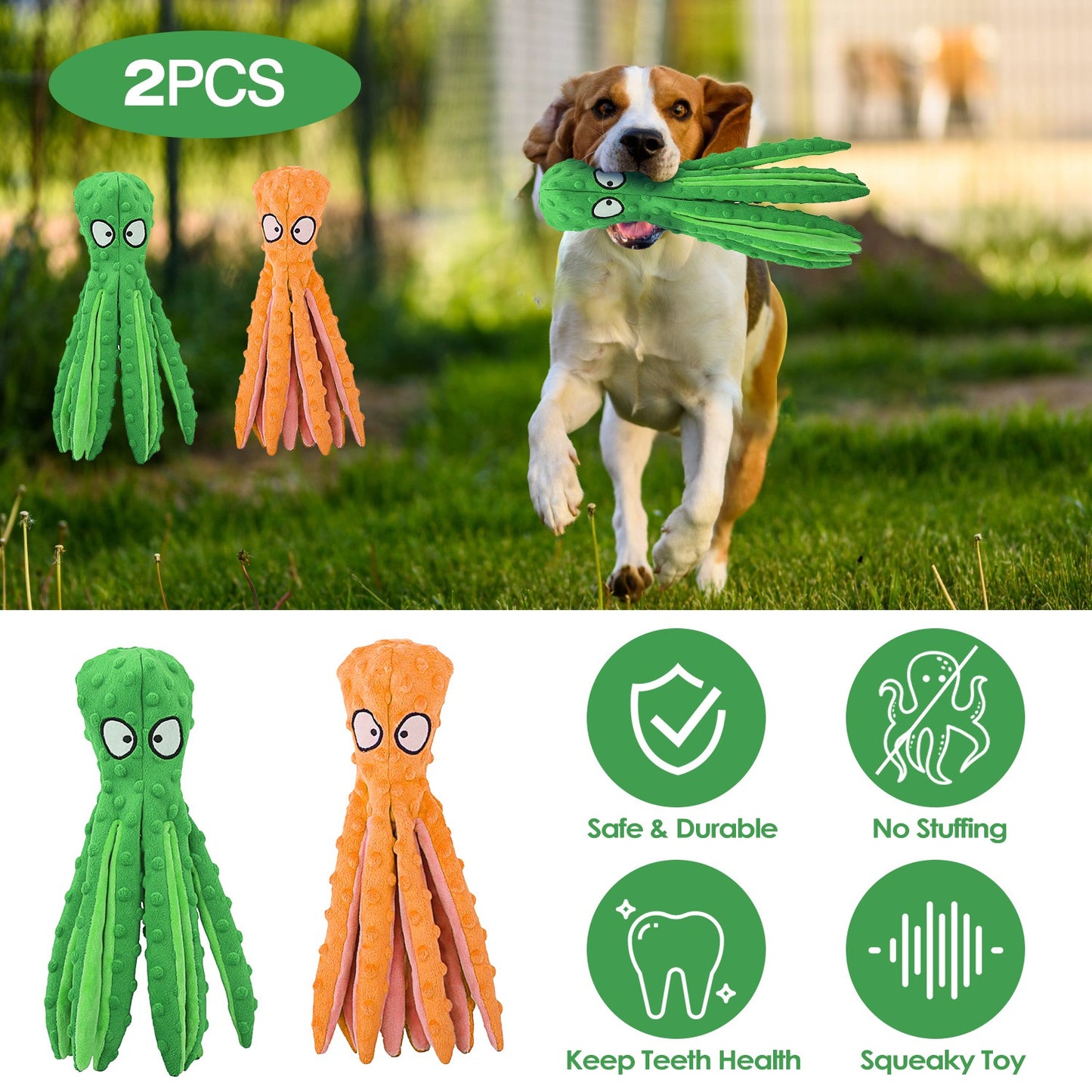 Squeaky Octopus Dog Toy Set - No Stuffing Crinkle Plush