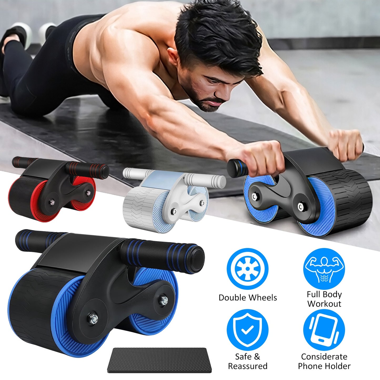 Automatic Rebound AB Roller Wheel with Kneel Pad & Phone Holder