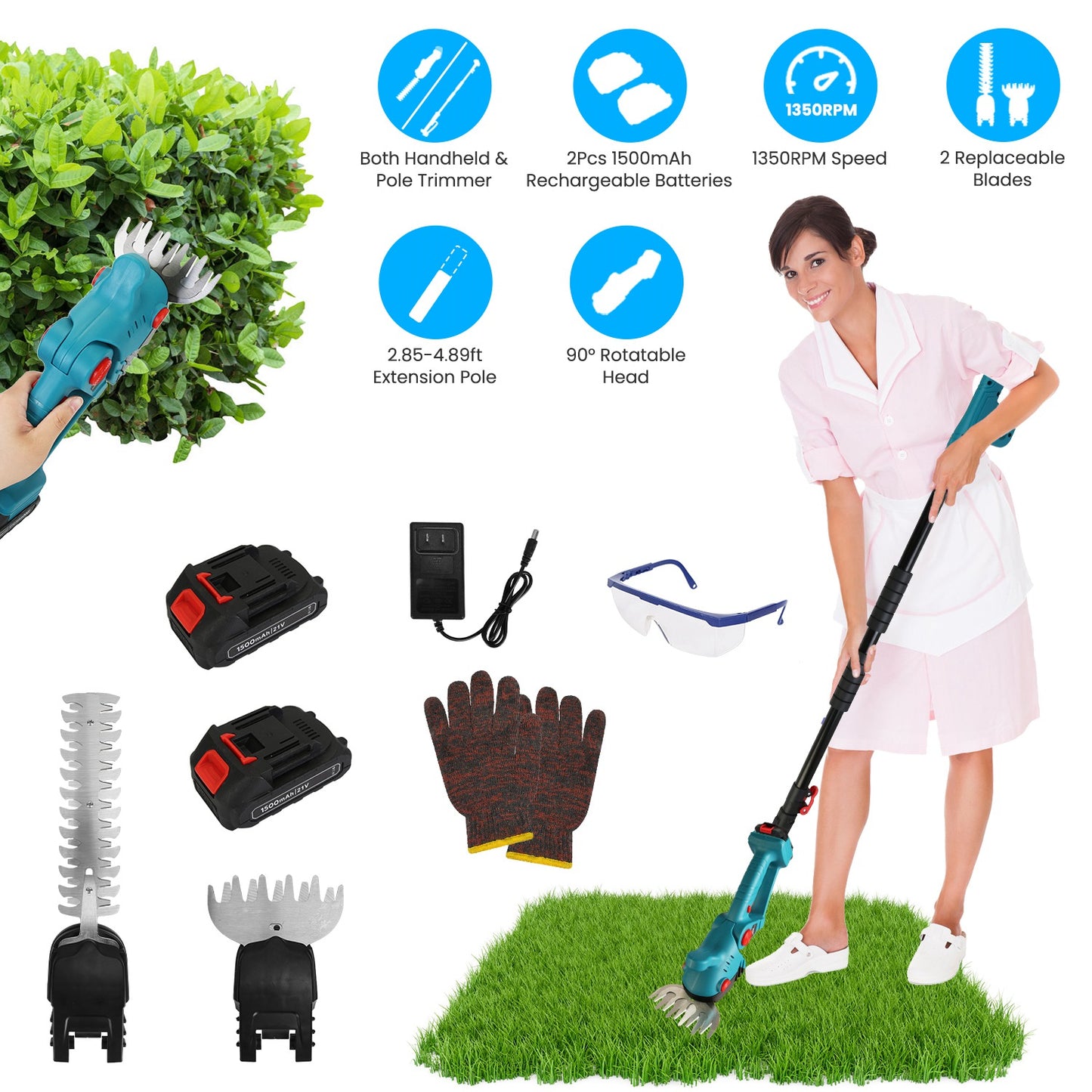 Cordless Hedge Trimmer with Telescopic Pole & Rotating Head