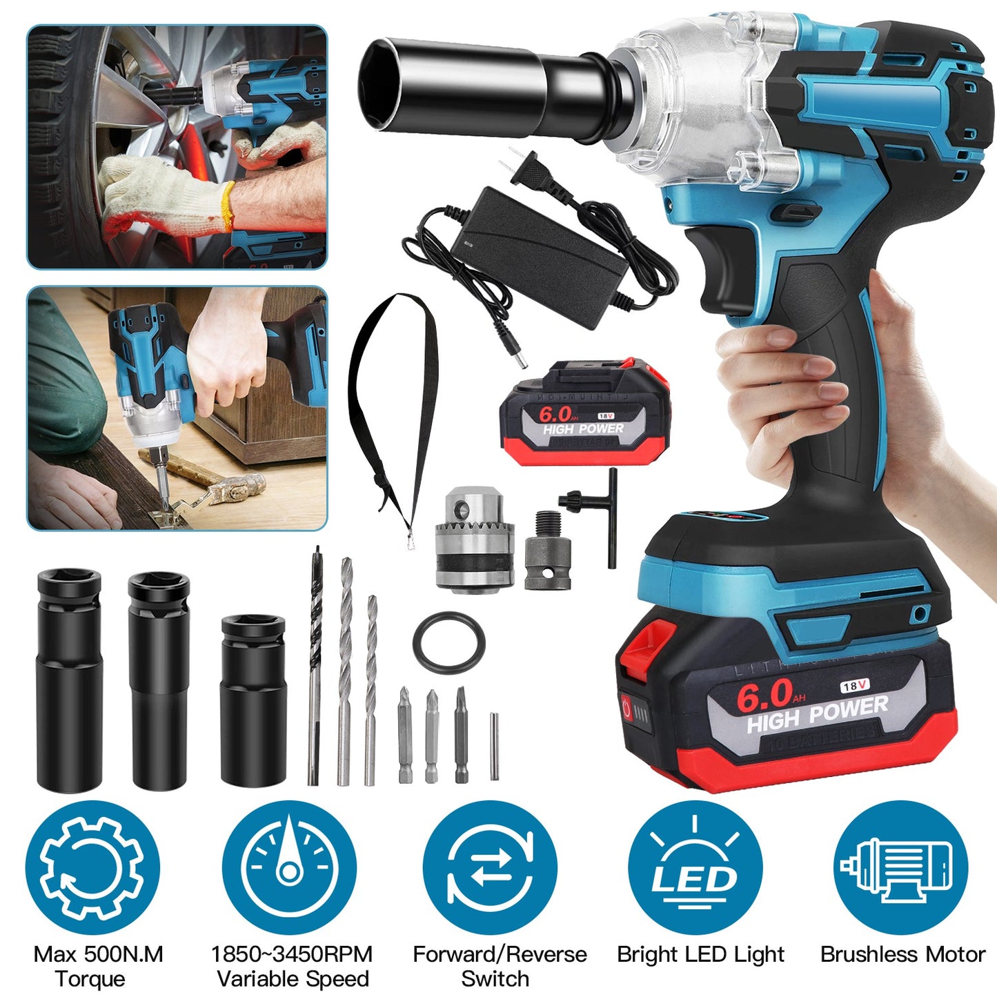 Cordless Impact Wrench 3-in-1 with Brushless Motor & 2 Batteries