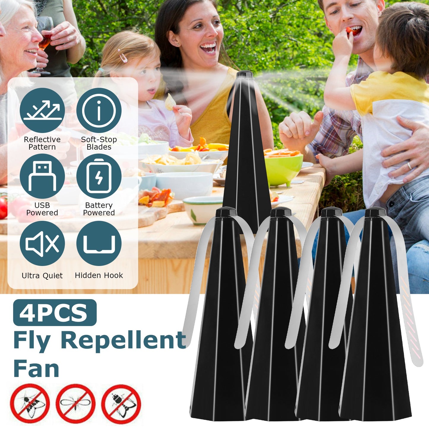 Fly Repellent Table Fan 4-Pack with Holographic Blades