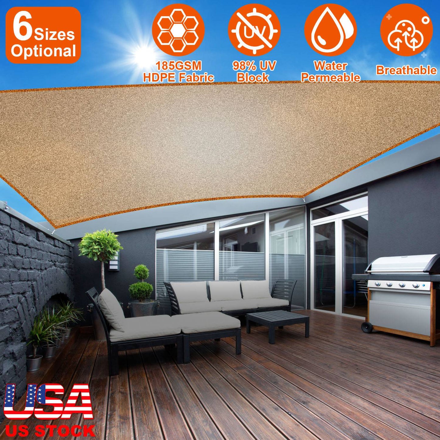 Rectangle Sun Shade Sail 98% UV Block HDPE Canopy with Ropes