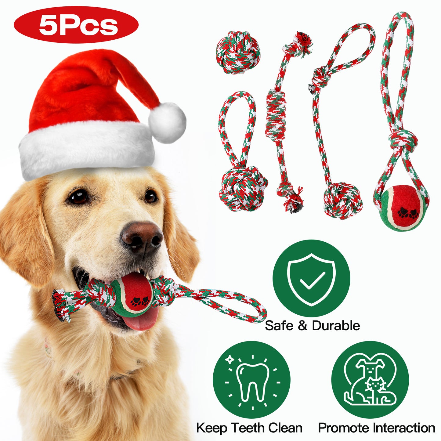 Dog Rope Chew Toys Set - 5 Piece Christmas Interactive Play