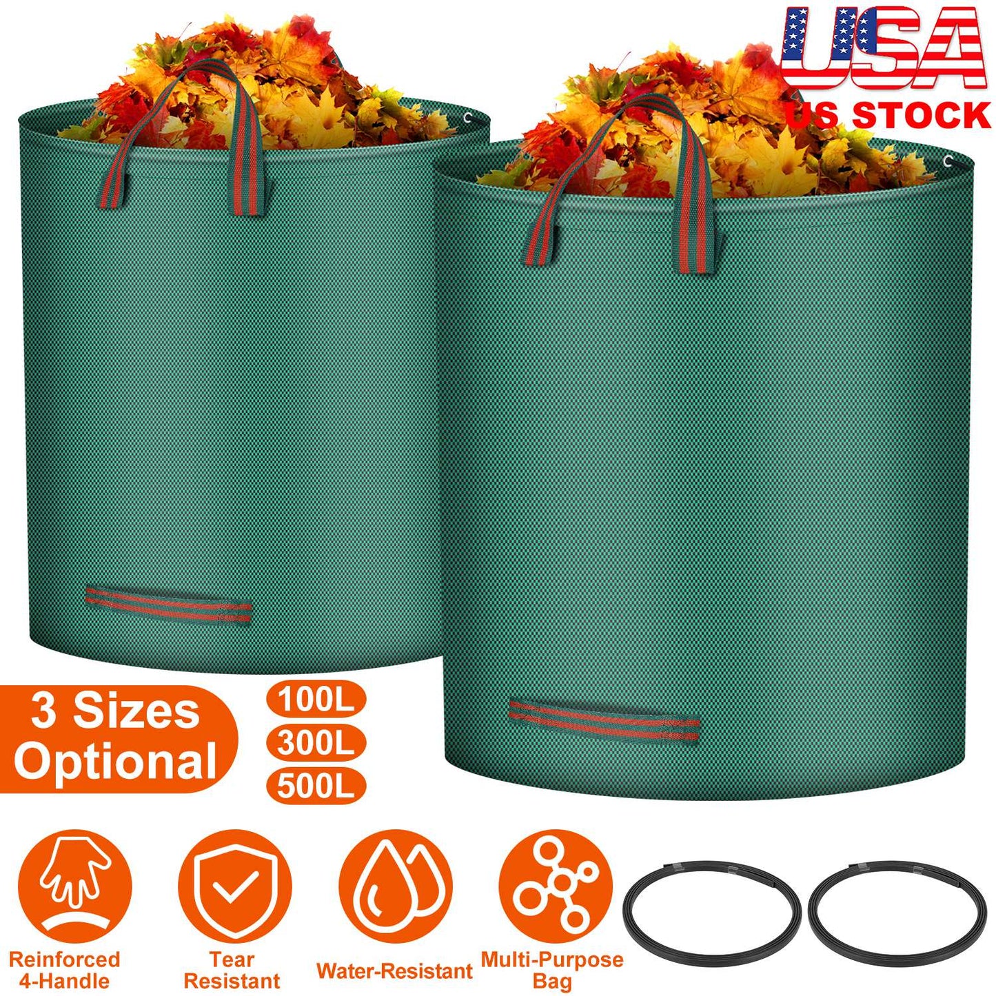 Garden Waste Bags 26 Gallon - Waterproof with 4 Handles (2-Pack)