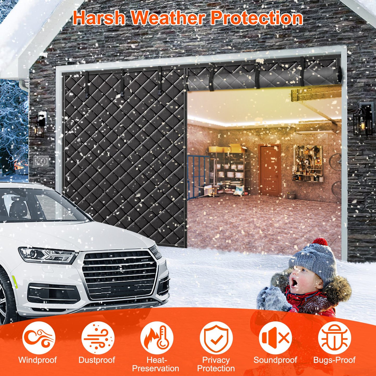 Magnetic Thermal Insulated Garage Door Curtain 16x7 FT