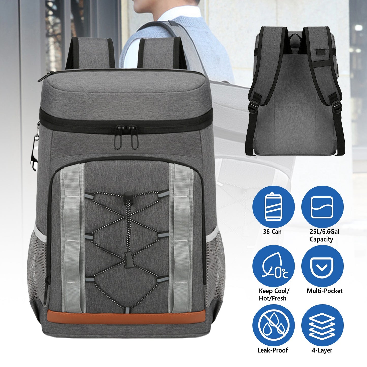 Insulated Cooler Backpack 36 Can Leakproof with Bottle Opener