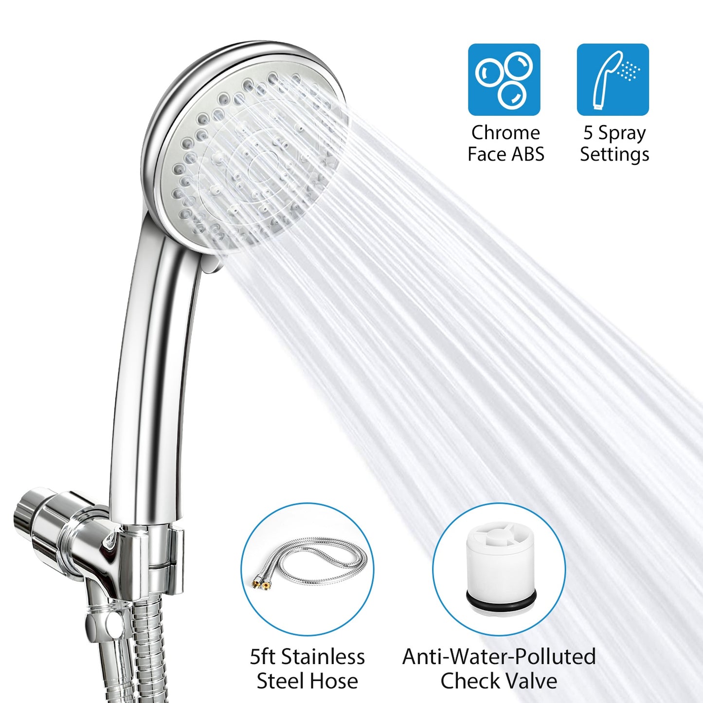 Handheld Shower Head with 5 Spray Settings & Steel Hose