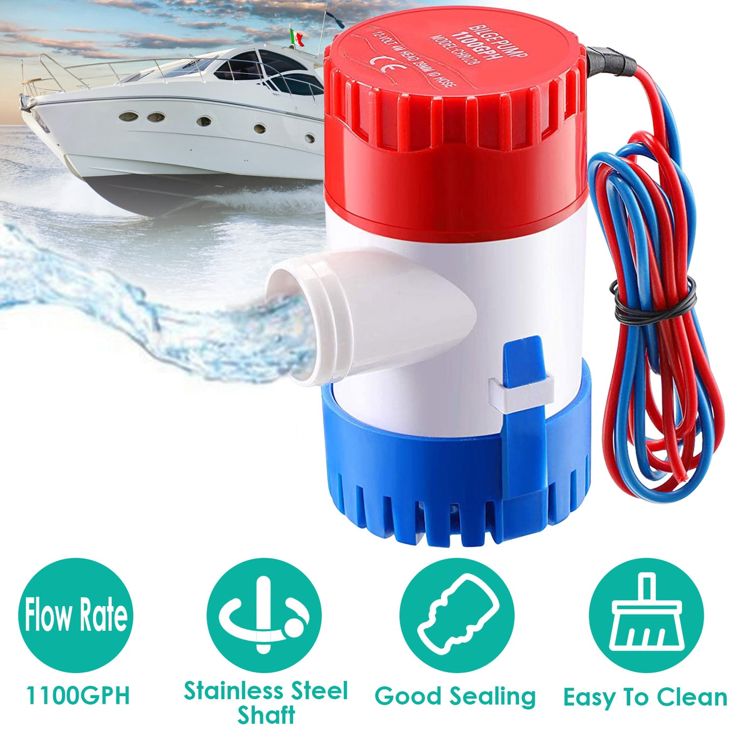 12V Submersible Bilge Pump 1100GPH Marine Water Drainage