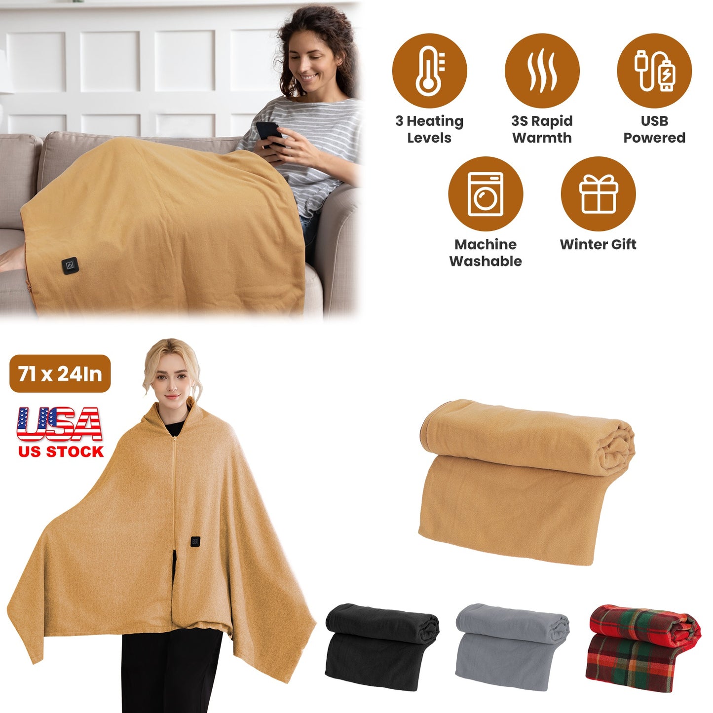 USB Heated Shawl with 3 Heat Levels and Zipper